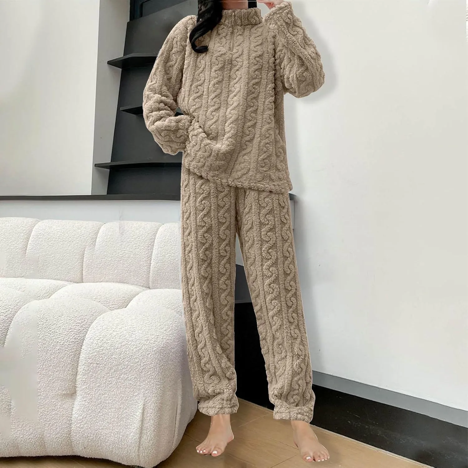 Fall Winter Outfits for Women 2 Piece Home Lounge Wear Sets Clothes Flannel Coral Velvet Pajama Tops and Pants