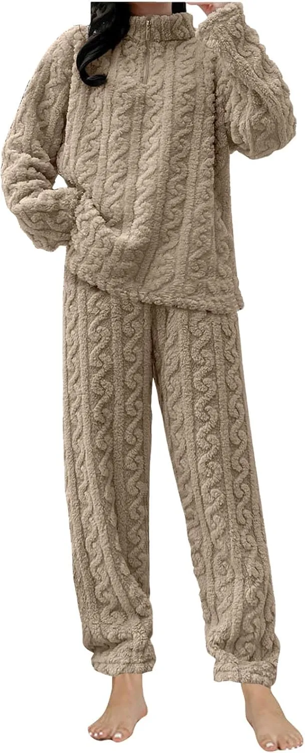 Fall Winter Outfits for Women 2 Piece Home Lounge Wear Sets Clothes Flannel Coral Velvet Pajama Tops and Pants