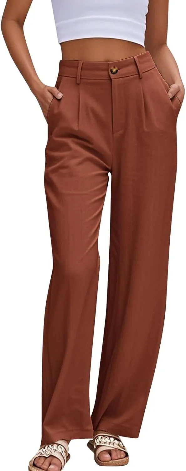 fanmpghleoo Dress Pants Women High Waisted Straight Leg Linen Trousers with Pockets Business Casual Work Linen Pants Summer