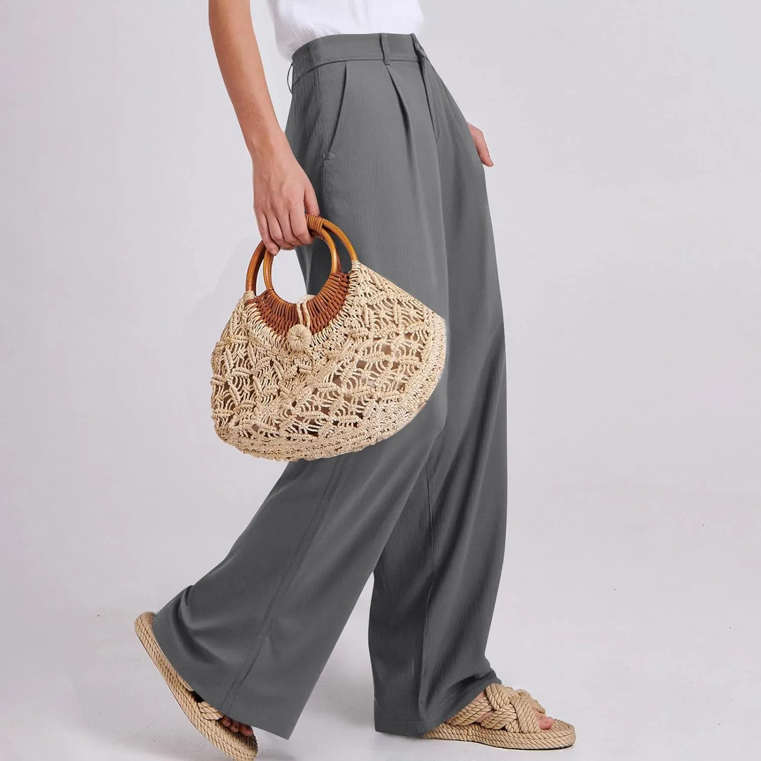 fanmpghleoo Dress Pants Women High Waisted Straight Leg Linen Trousers with Pockets Business Casual Work Linen Pants Summer