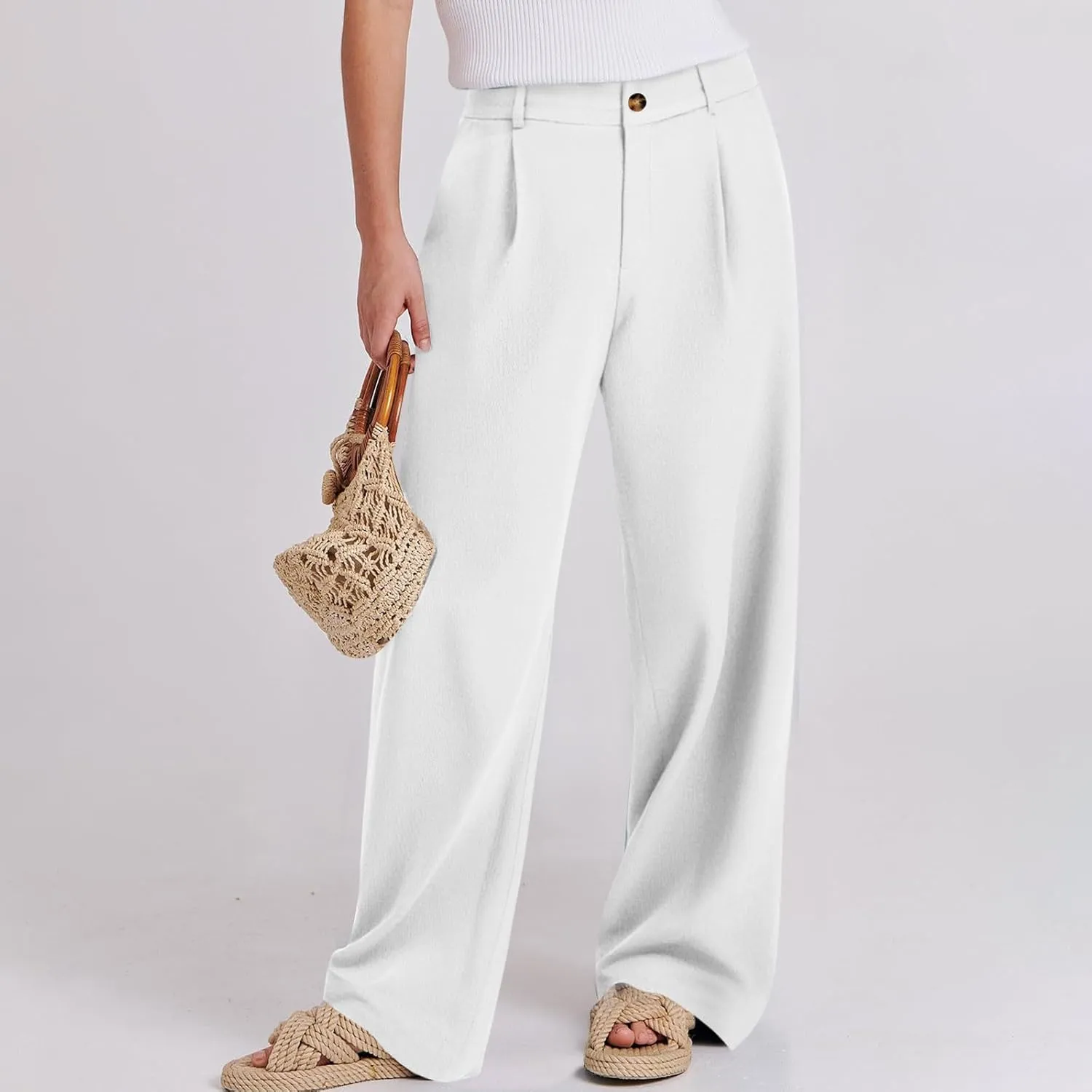 fanmpghleoo Linen Pants Women Summer Straight Wide Leg High Waisted Dress Pants Business Casual Linen Trousers with Pockets