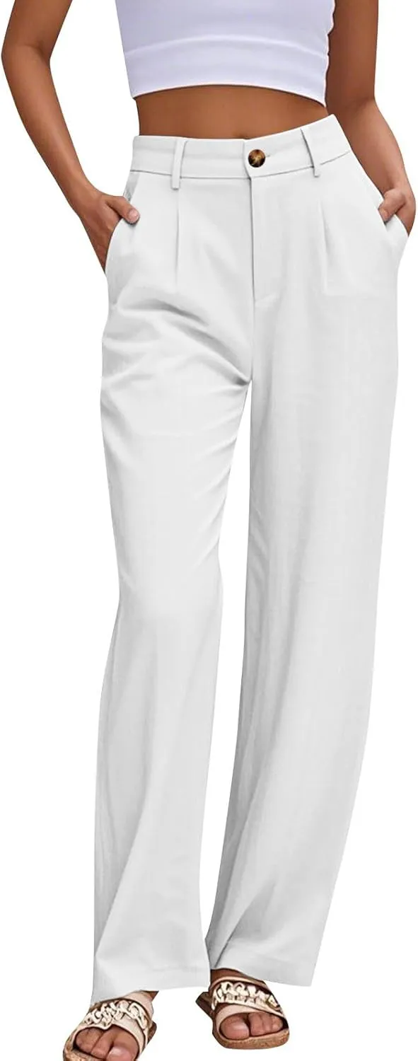 fanmpghleoo Linen Pants Women Summer Straight Wide Leg High Waisted Dress Pants Business Casual Linen Trousers with Pockets