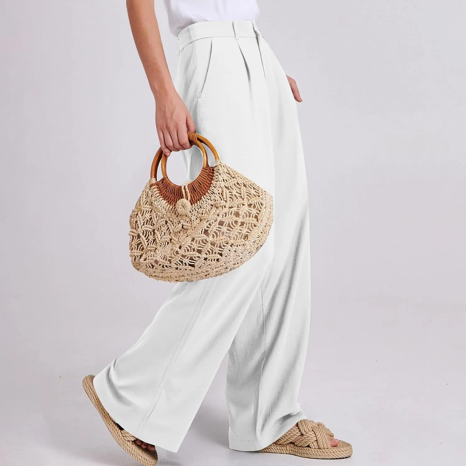 fanmpghleoo Linen Pants Women Summer Straight Wide Leg High Waisted Dress Pants Business Casual Linen Trousers with Pockets