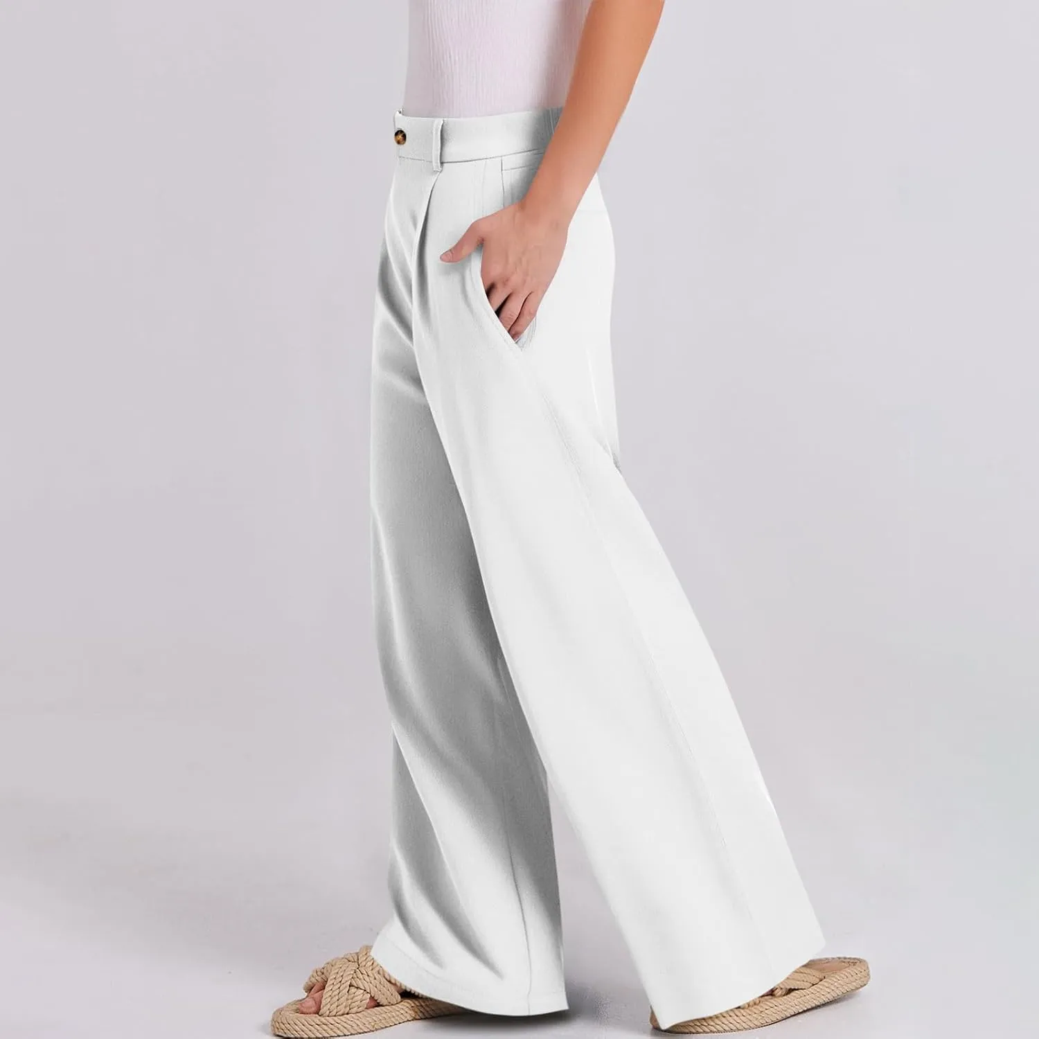fanmpghleoo Linen Pants Women Summer Straight Wide Leg High Waisted Dress Pants Business Casual Linen Trousers with Pockets