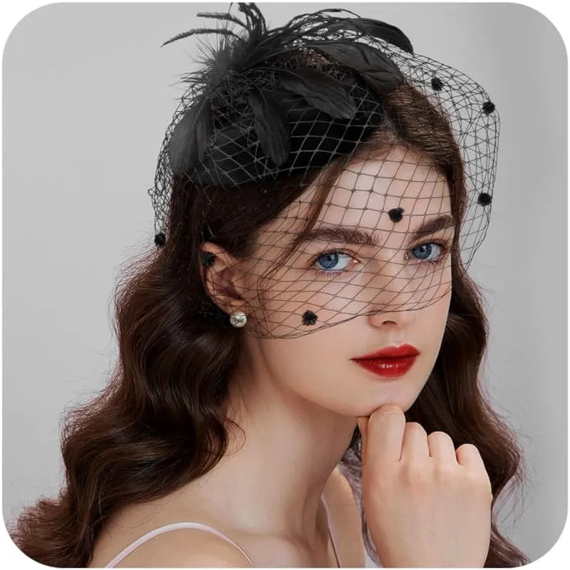 Fascinator for Women 20s 50s Hat with Veil Mesh Feathers Tea Party Hair Clip Fascinator and Lace Glove