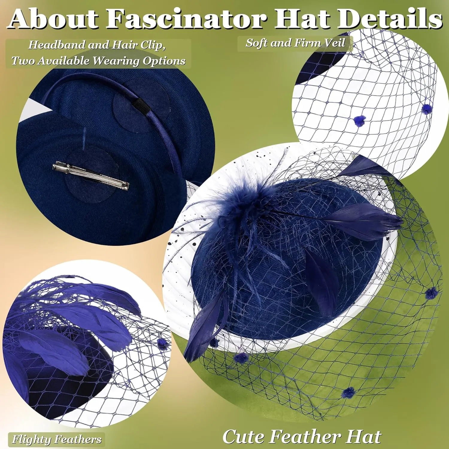 Fascinator for Women 20s 50s Hat with Veil Mesh Feathers Tea Party Hair Clip Fascinator and Lace Glove