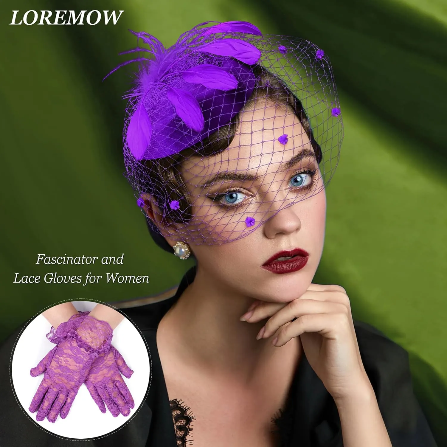Fascinator for Women 20s 50s Hat with Veil Mesh Feathers Tea Party Hair Clip Fascinator and Lace Glove