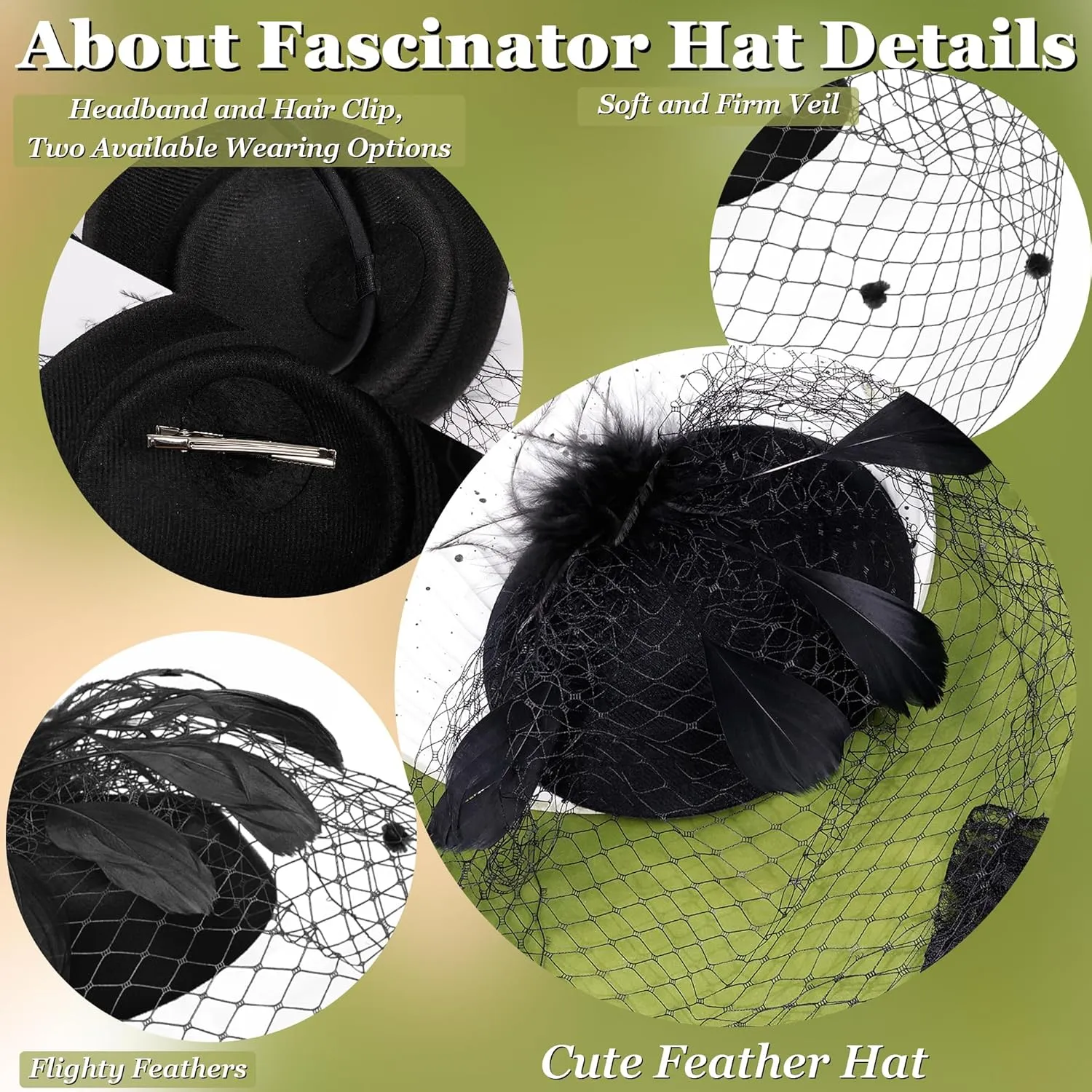 Fascinator for Women 20s 50s Hat with Veil Mesh Feathers Tea Party Hair Clip Fascinator and Lace Glove