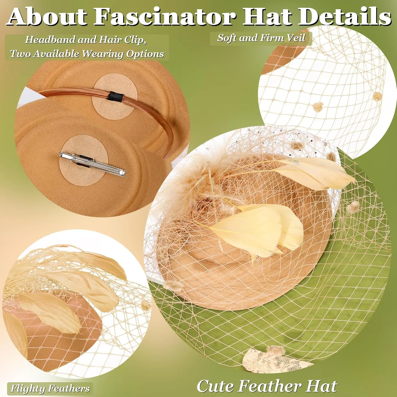 Fascinator for Women 20s 50s Hat with Veil Mesh Feathers Tea Party Hair Clip Fascinator and Lace Glove