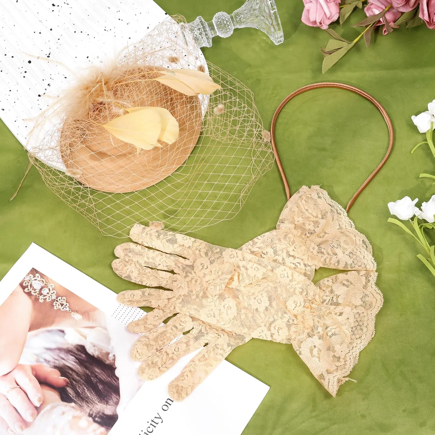 Fascinator for Women 20s 50s Hat with Veil Mesh Feathers Tea Party Hair Clip Fascinator and Lace Glove