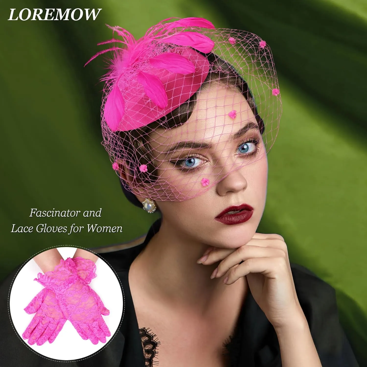Fascinator for Women 20s 50s Hat with Veil Mesh Feathers Tea Party Hair Clip Fascinator and Lace Glove