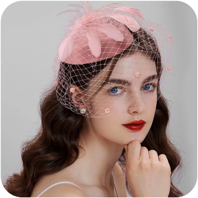 Fascinator for Women 20s 50s Hat with Veil Mesh Feathers Tea Party Hair Clip Fascinator and Lace Glove