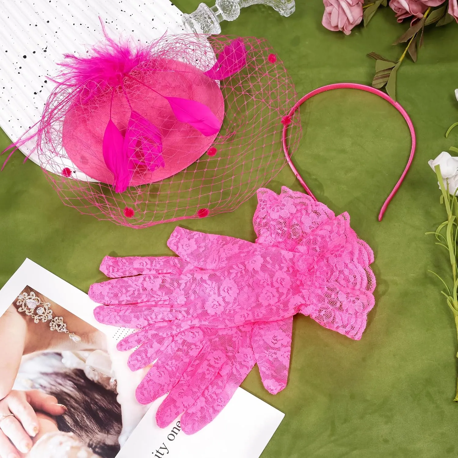 Fascinator for Women 20s 50s Hat with Veil Mesh Feathers Tea Party Hair Clip Fascinator and Lace Glove
