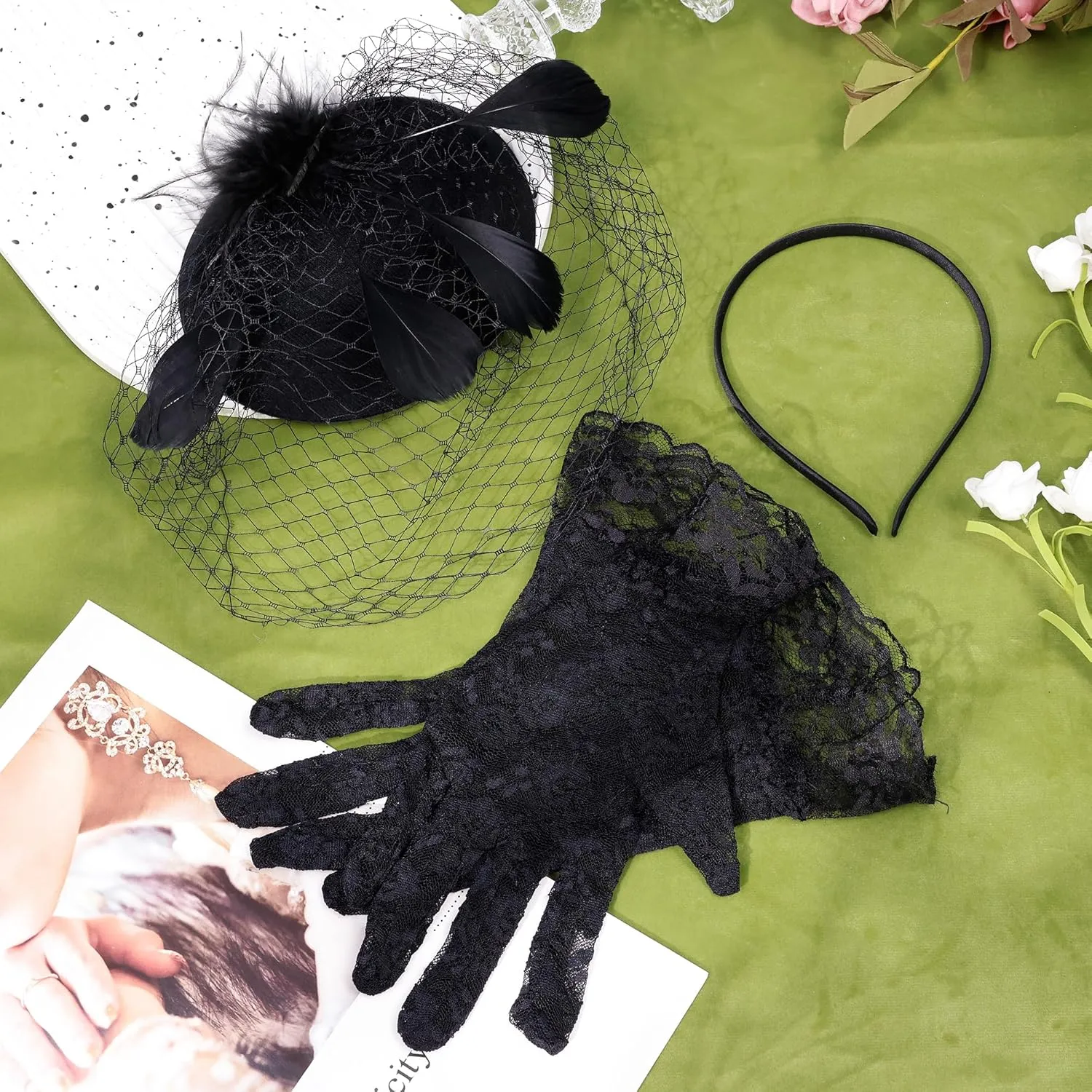 Fascinator for Women 20s 50s Hat with Veil Mesh Feathers Tea Party Hair Clip Fascinator and Lace Glove