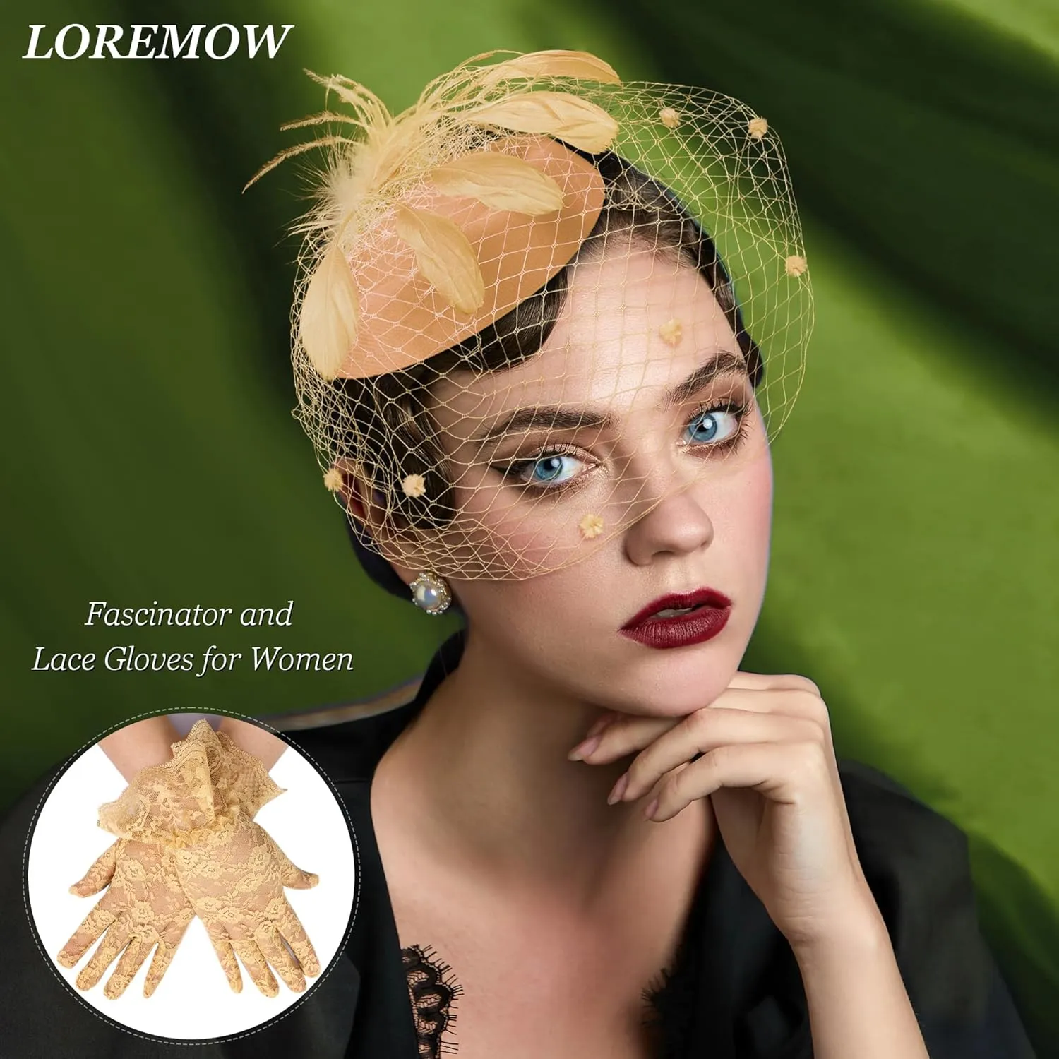 Fascinator for Women 20s 50s Hat with Veil Mesh Feathers Tea Party Hair Clip Fascinator and Lace Glove