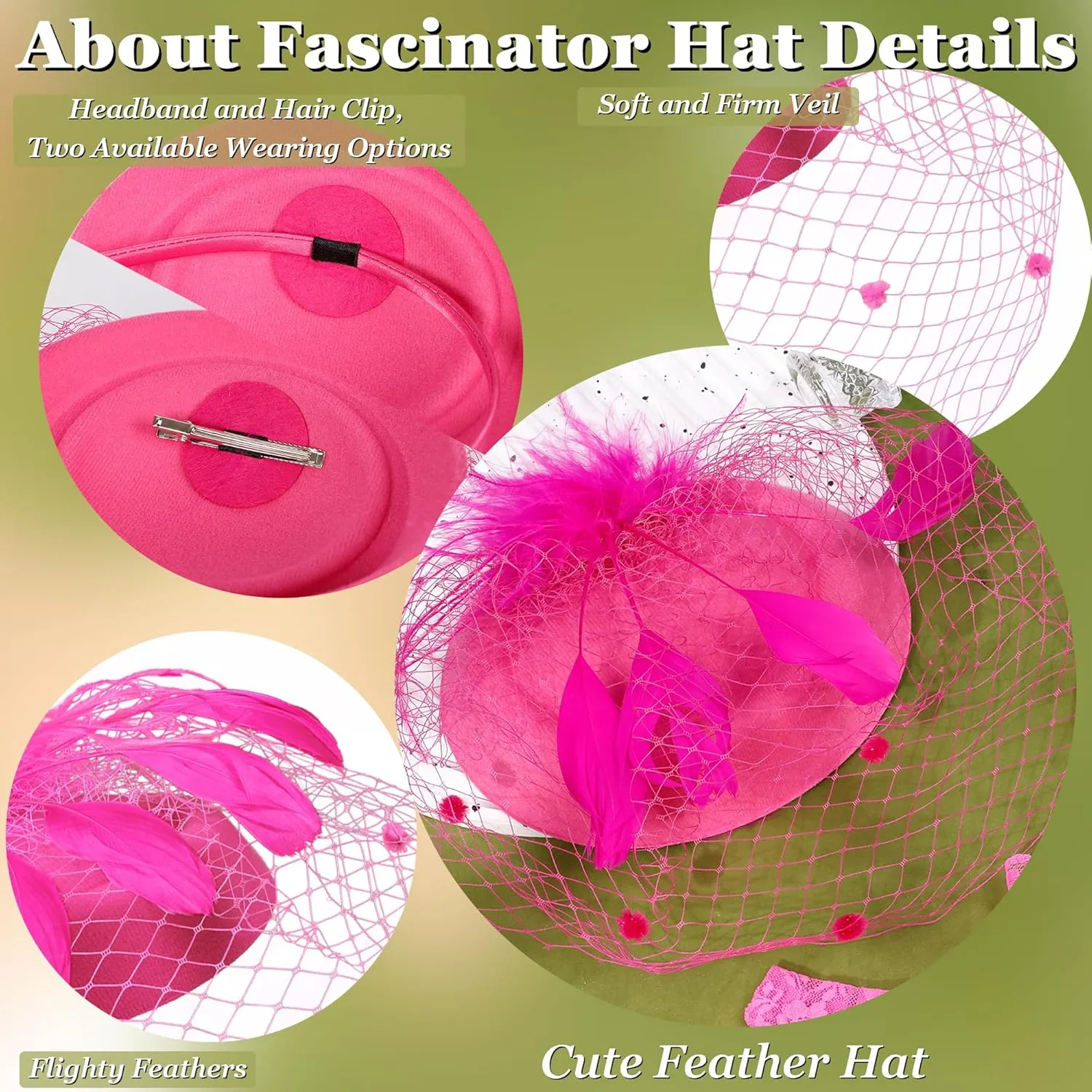Fascinator for Women 20s 50s Hat with Veil Mesh Feathers Tea Party Hair Clip Fascinator and Lace Glove