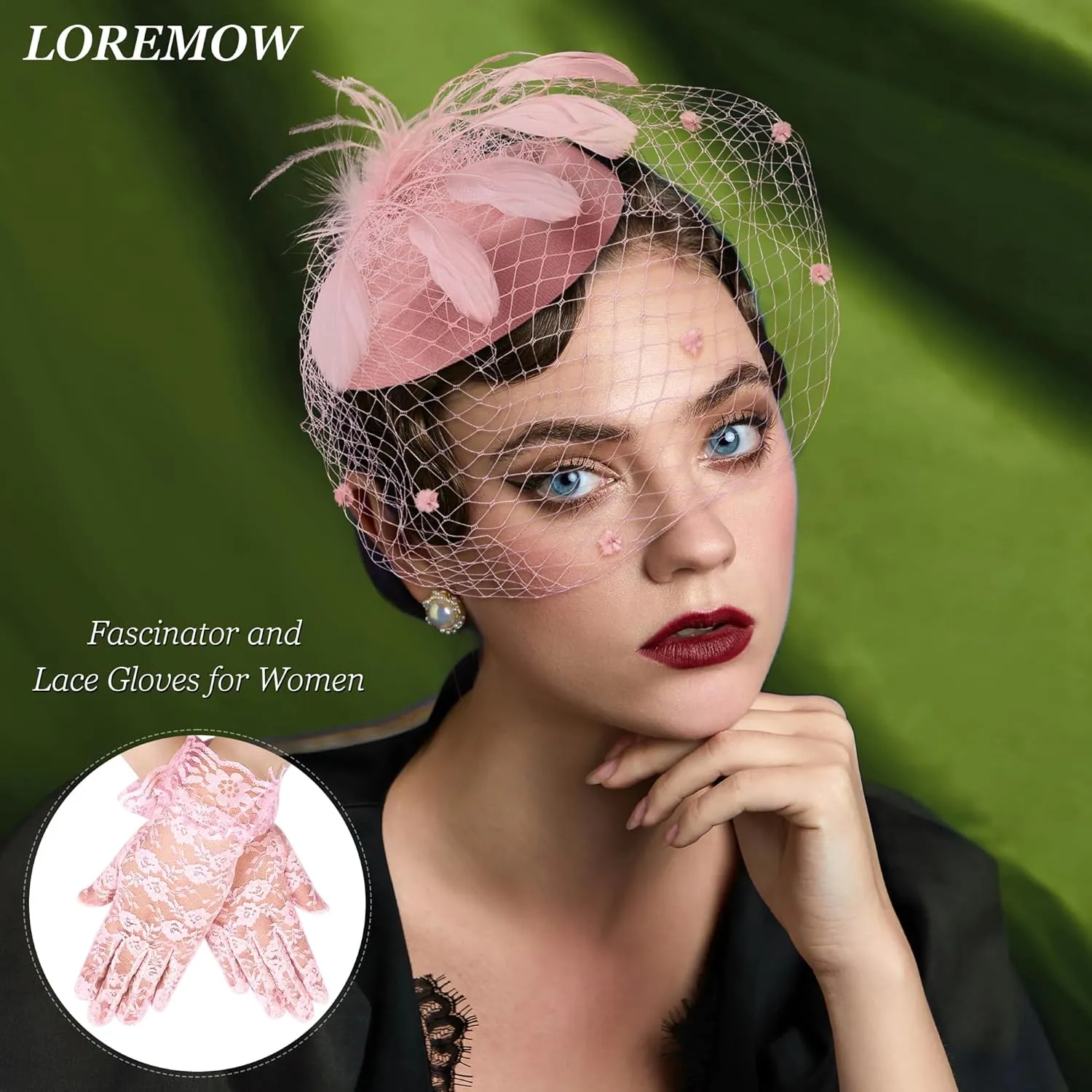 Fascinator for Women 20s 50s Hat with Veil Mesh Feathers Tea Party Hair Clip Fascinator and Lace Glove