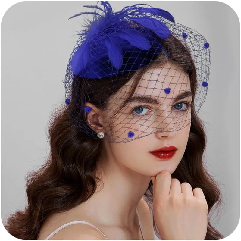 Fascinator for Women 20s 50s Hat with Veil Mesh Feathers Tea Party Hair Clip Fascinator and Lace Glove
