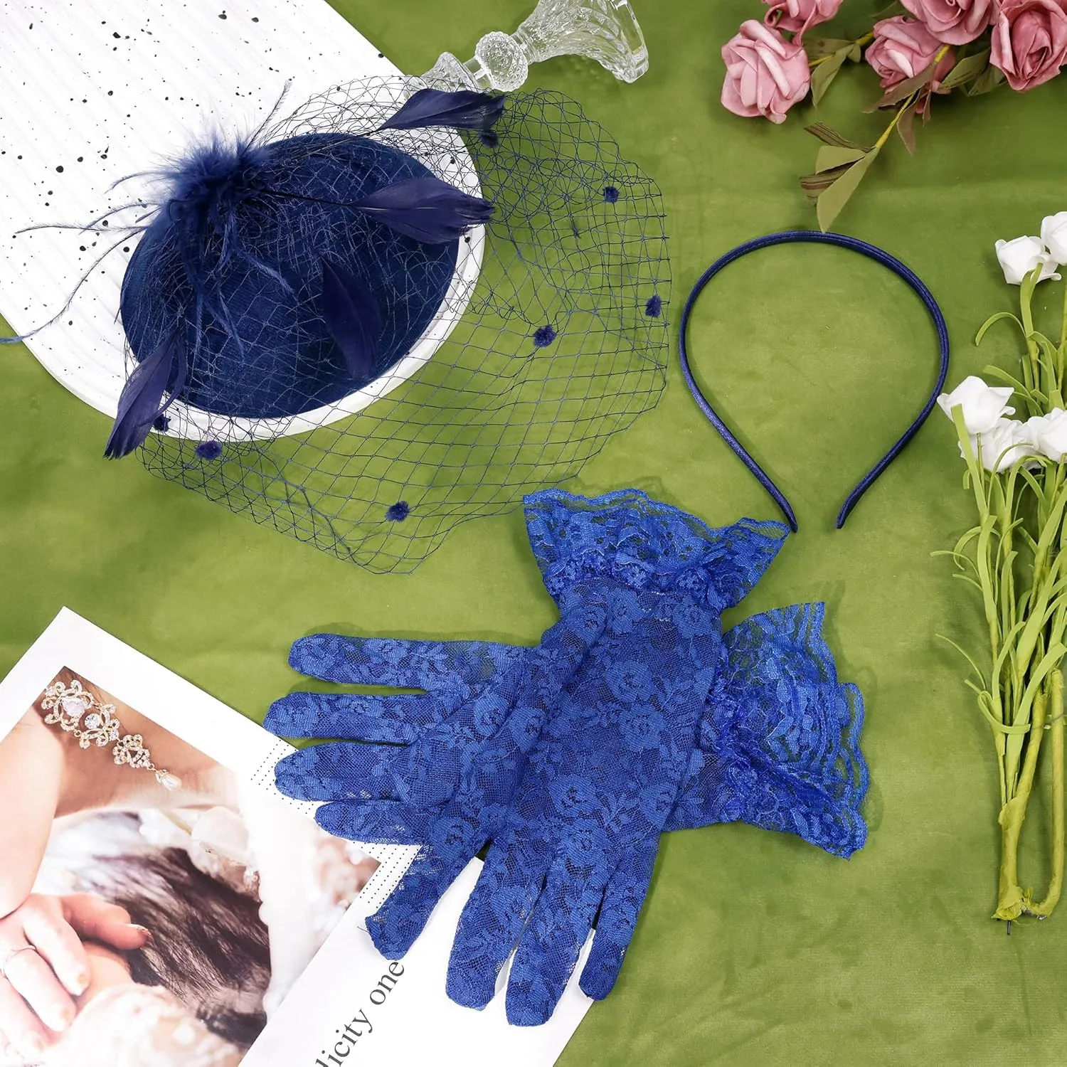 Fascinator for Women 20s 50s Hat with Veil Mesh Feathers Tea Party Hair Clip Fascinator and Lace Glove