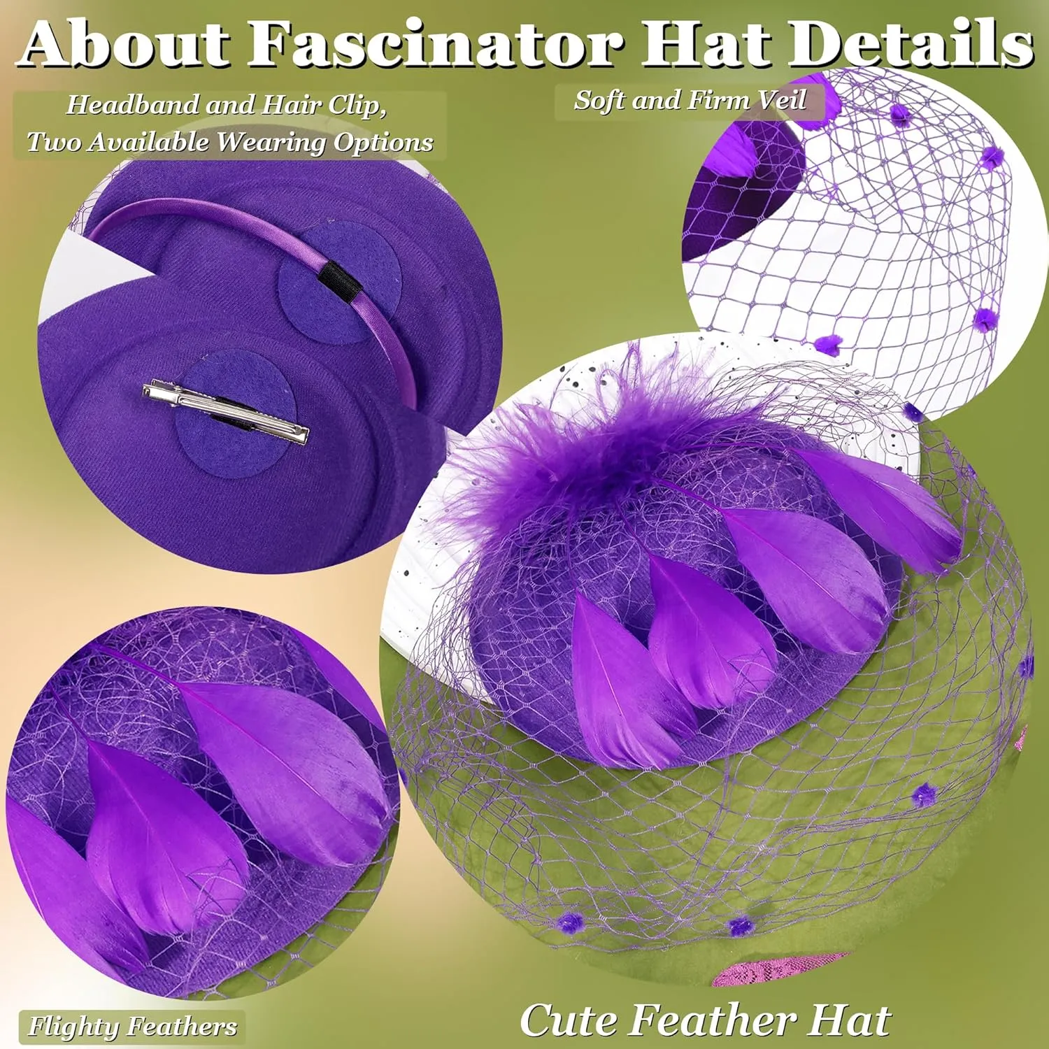 Fascinator for Women 20s 50s Hat with Veil Mesh Feathers Tea Party Hair Clip Fascinator and Lace Glove