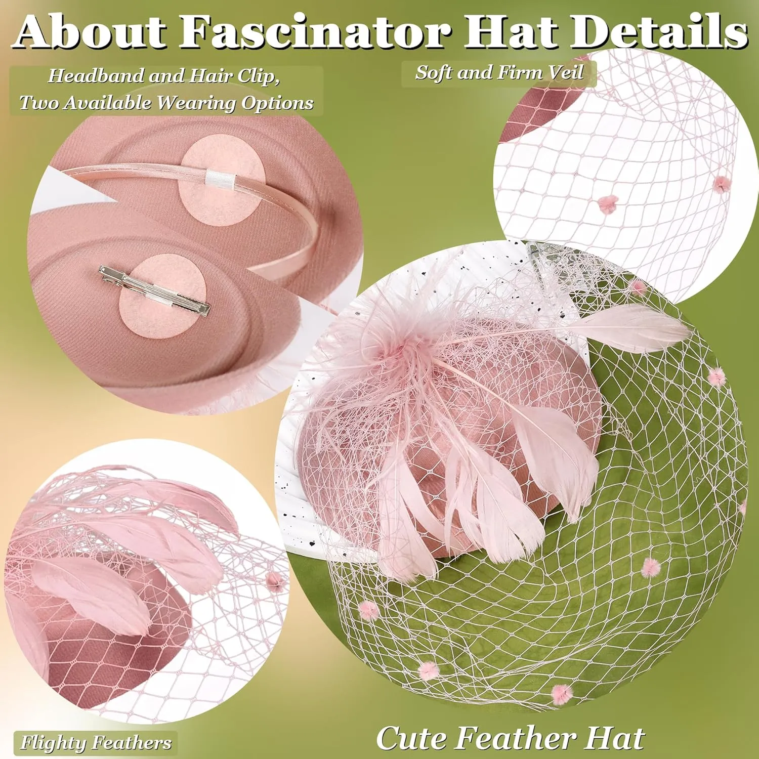 Fascinator for Women 20s 50s Hat with Veil Mesh Feathers Tea Party Hair Clip Fascinator and Lace Glove
