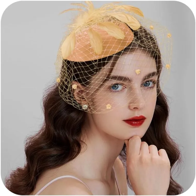Fascinator for Women 20s 50s Hat with Veil Mesh Feathers Tea Party Hair Clip Fascinator and Lace Glove
