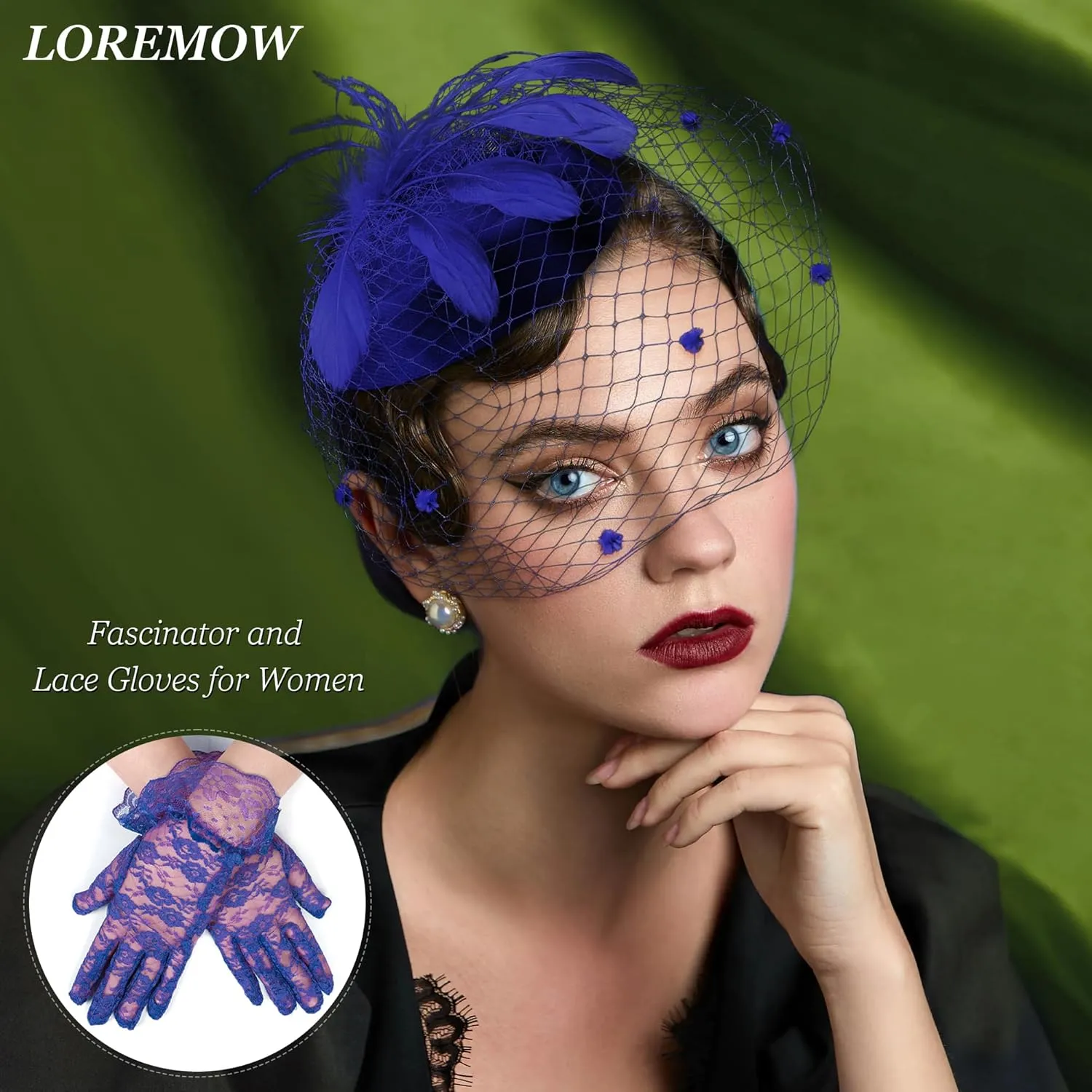 Fascinator for Women 20s 50s Hat with Veil Mesh Feathers Tea Party Hair Clip Fascinator and Lace Glove