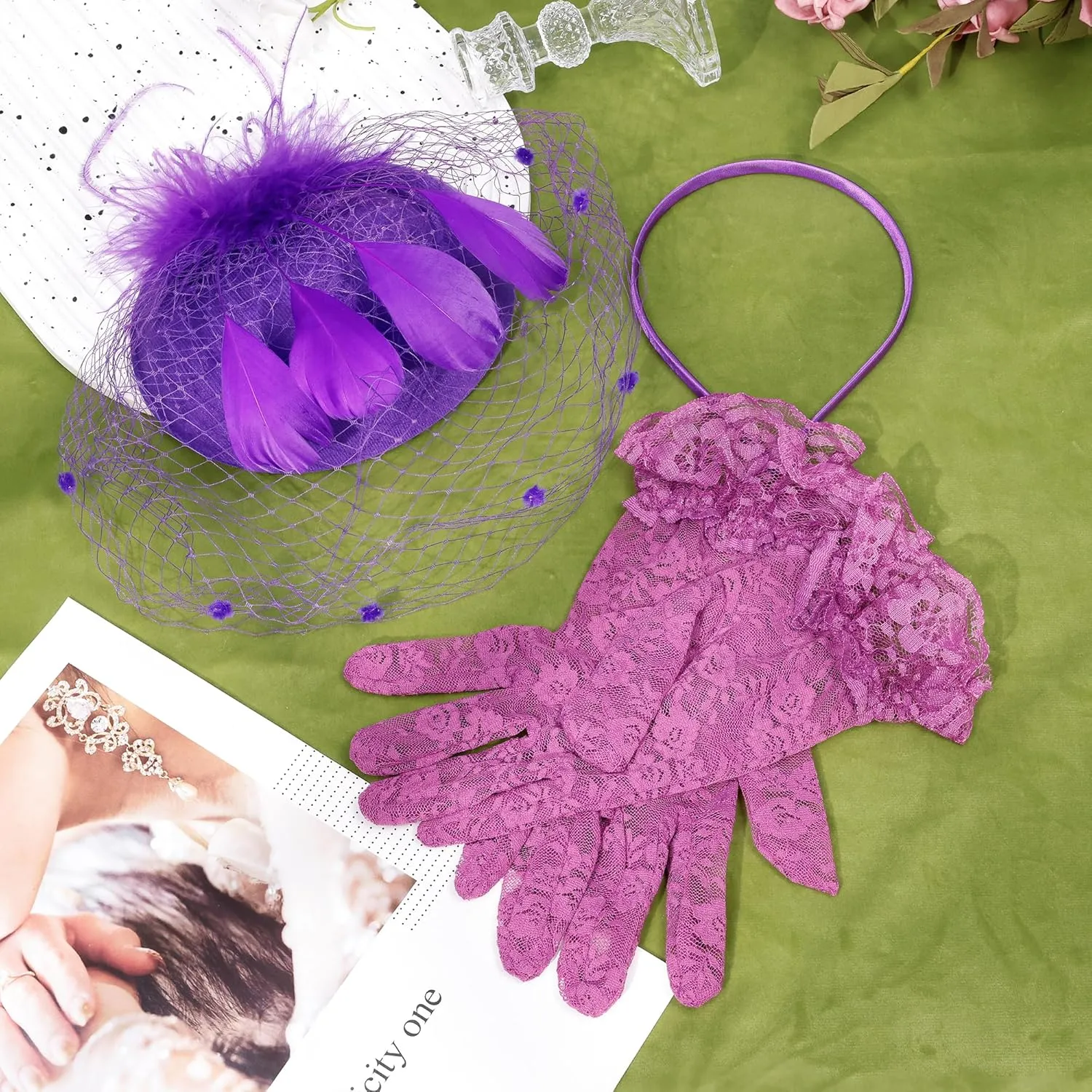 Fascinator for Women 20s 50s Hat with Veil Mesh Feathers Tea Party Hair Clip Fascinator and Lace Glove