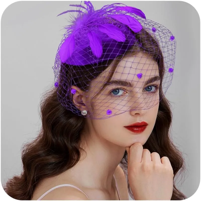 Fascinator for Women 20s 50s Hat with Veil Mesh Feathers Tea Party Hair Clip Fascinator and Lace Glove