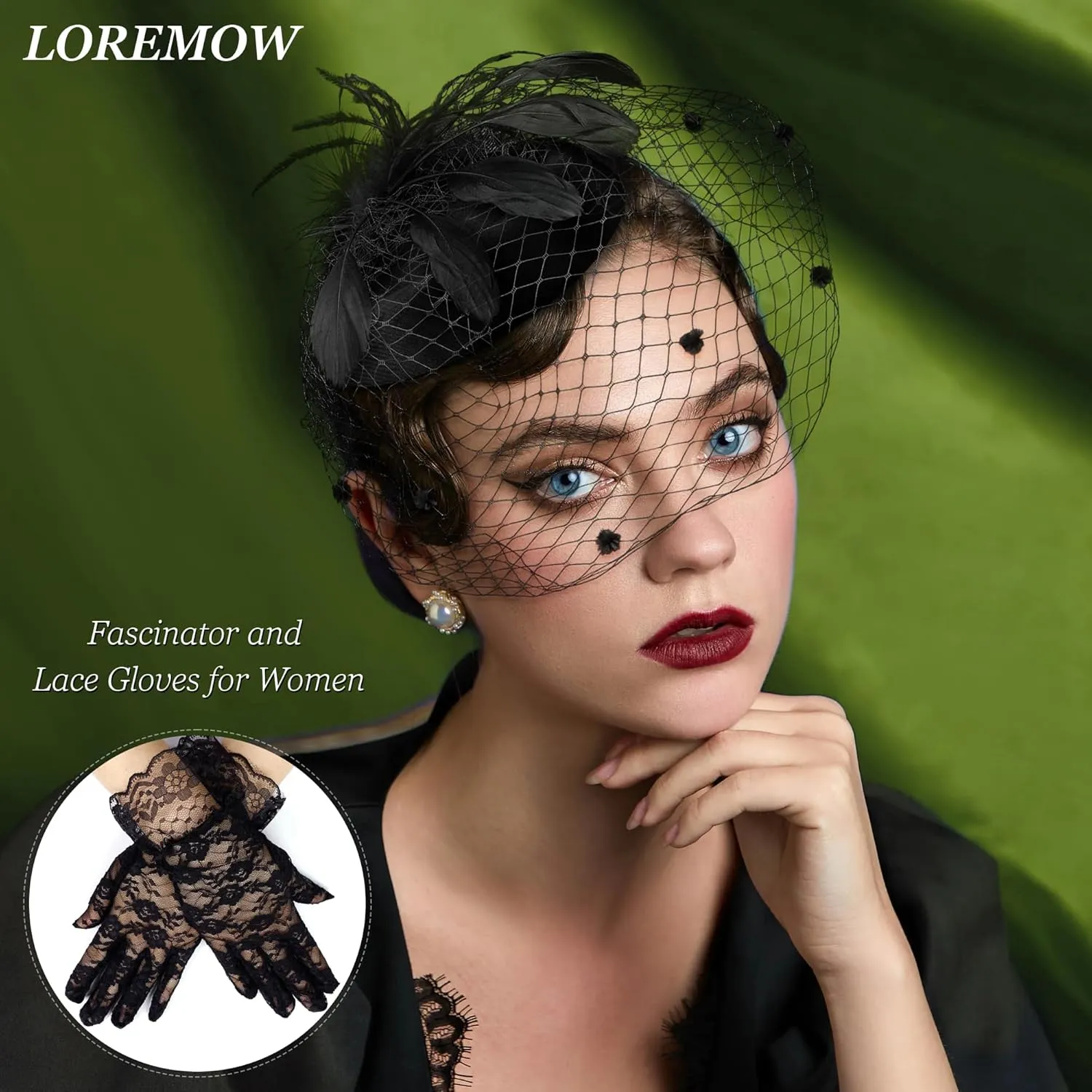 Fascinator for Women 20s 50s Hat with Veil Mesh Feathers Tea Party Hair Clip Fascinator and Lace Glove