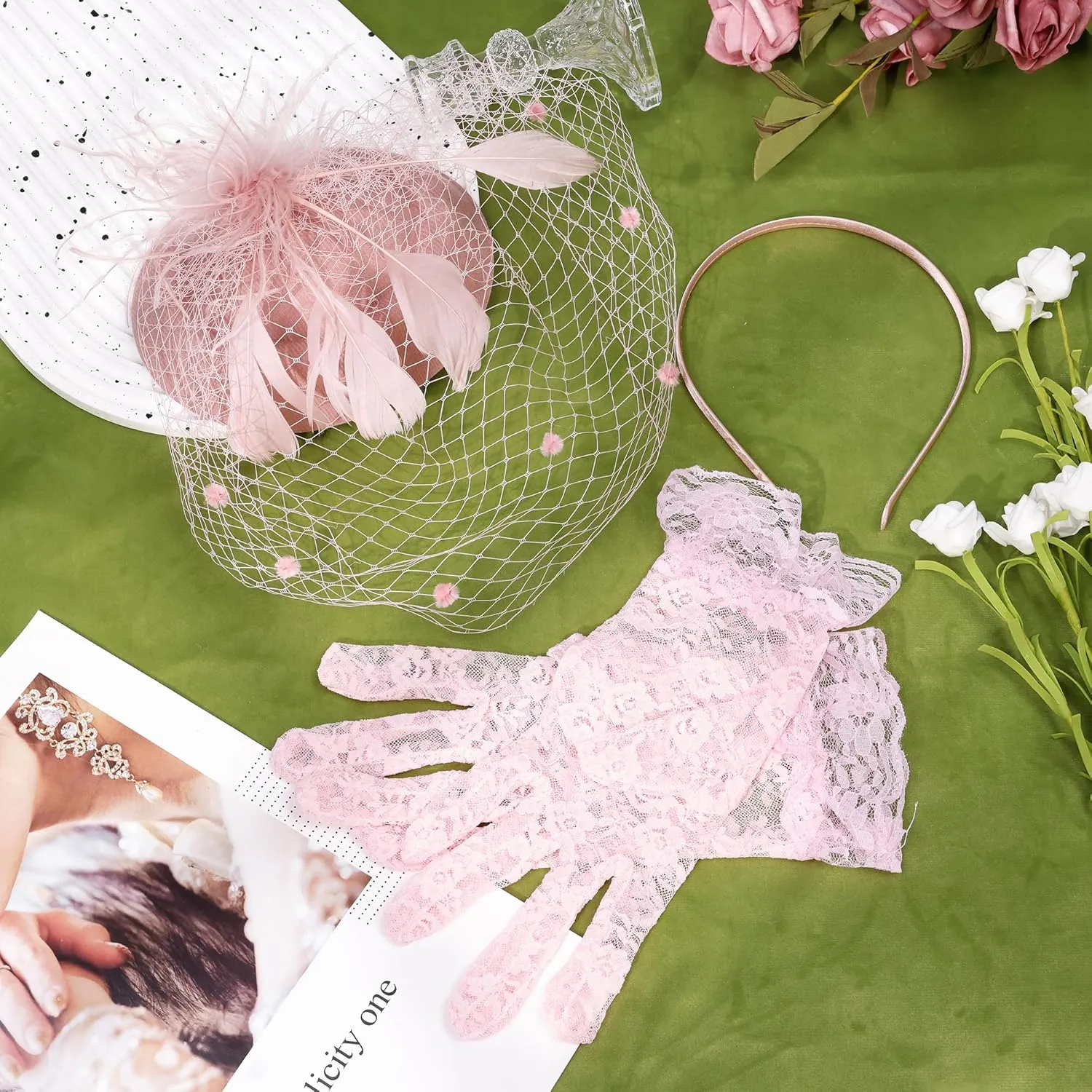 Fascinator for Women 20s 50s Hat with Veil Mesh Feathers Tea Party Hair Clip Fascinator and Lace Glove