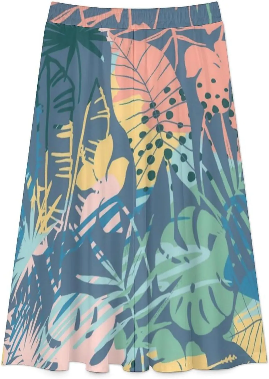 Fashion Hawaii Leaves Print Midi Skirts High Elastic Waist Ruffling Swing Office Skirts