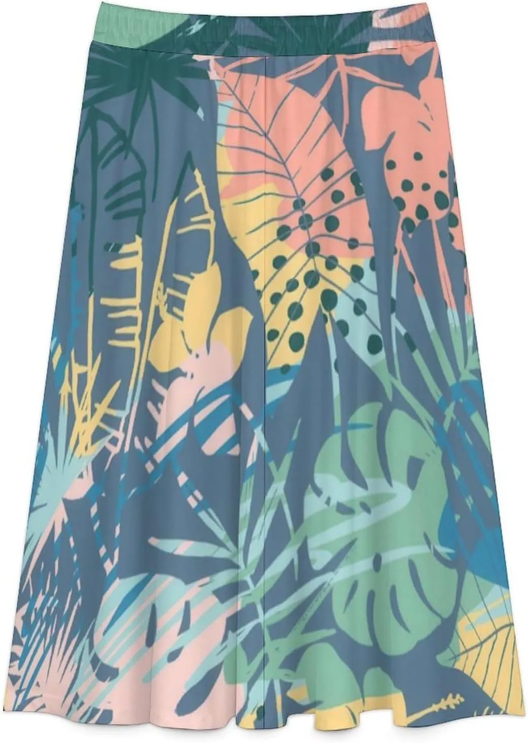 Fashion Hawaii Leaves Print Midi Skirts High Elastic Waist Ruffling Swing Office Skirts