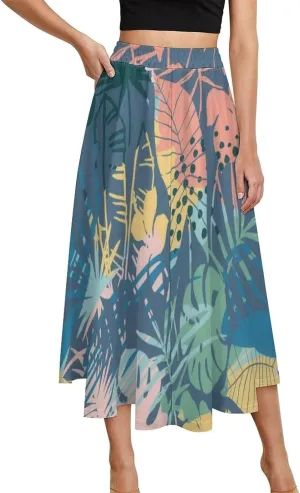 Fashion Hawaii Leaves Print Midi Skirts High Elastic Waist Ruffling Swing Office Skirts