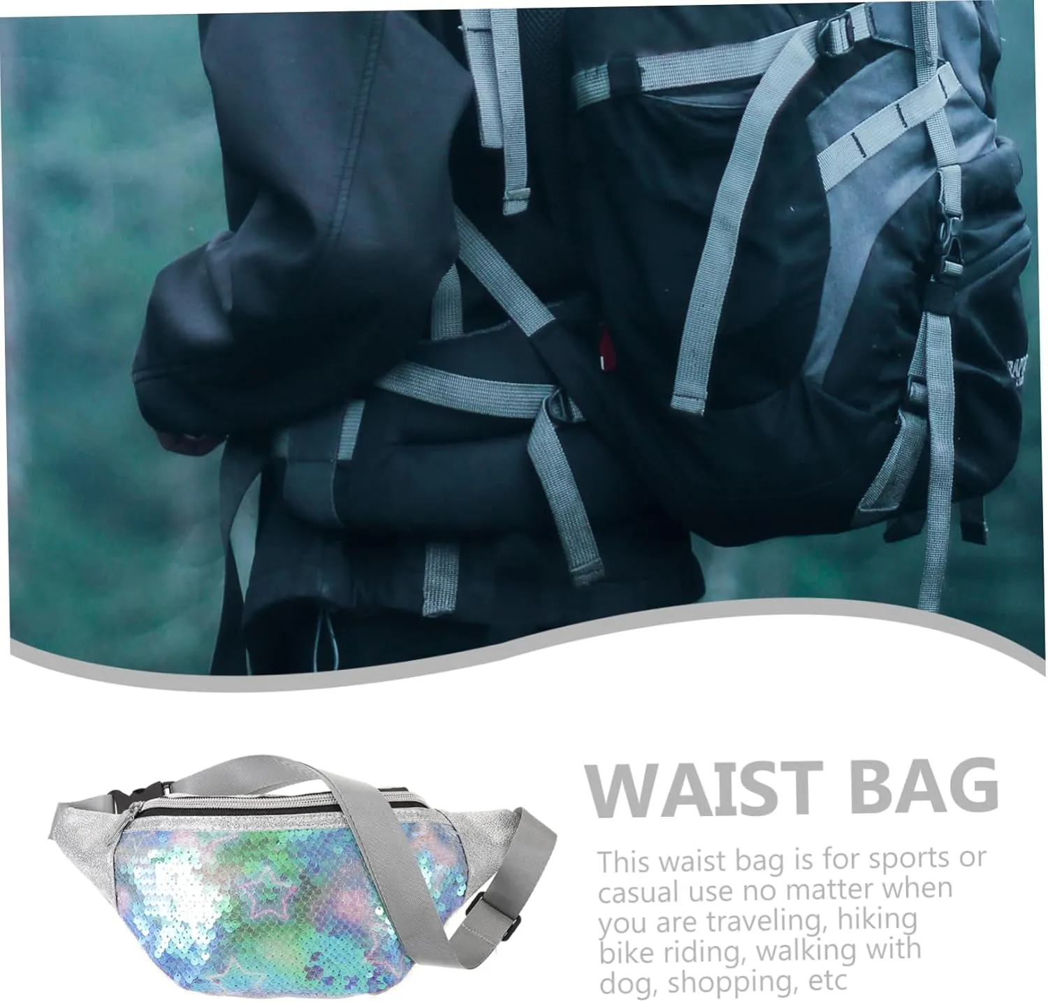 Fashion Sequin Waist Pouch Unicorn Shape Chest Pack Hands Bag for Phone Wallet Id Sunglasses for Travel Hiking Biking
