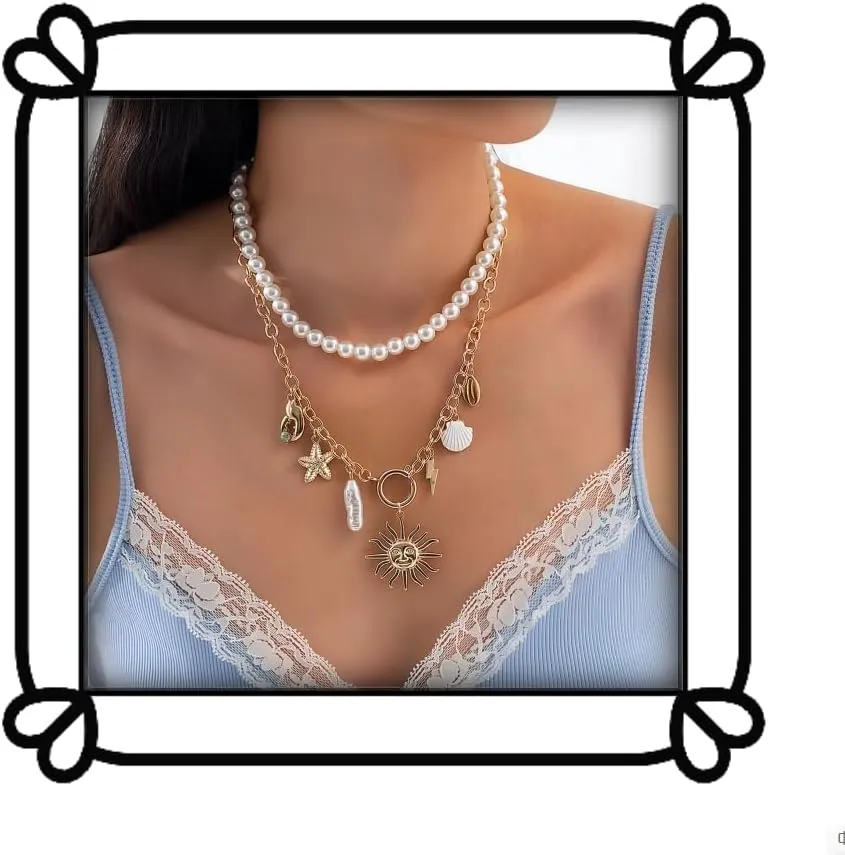Fashionable and Exquisite Layered Pearl Gold Chain Necklace Set - Women's Beach Theme Sun, Starfish, Shell Pendant Necklace 2-piece Set