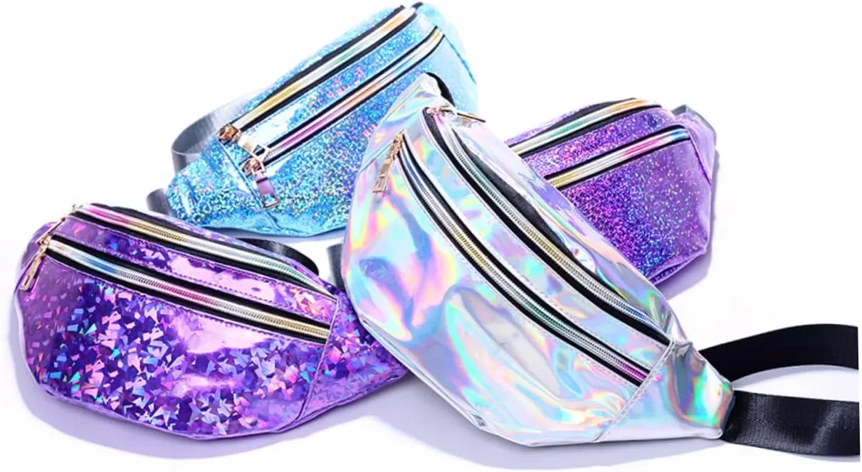 Fashionable Women's Mirror Sequin Waist Bag Pu Leather Reflective Fanny Pack Compartments for Outdoor Travel