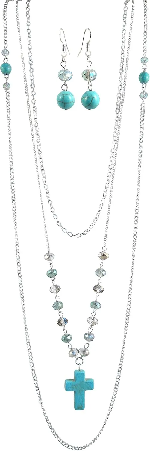 Faux Turquoise 36" Long Multi Chain Layered Necklace & Earring Set