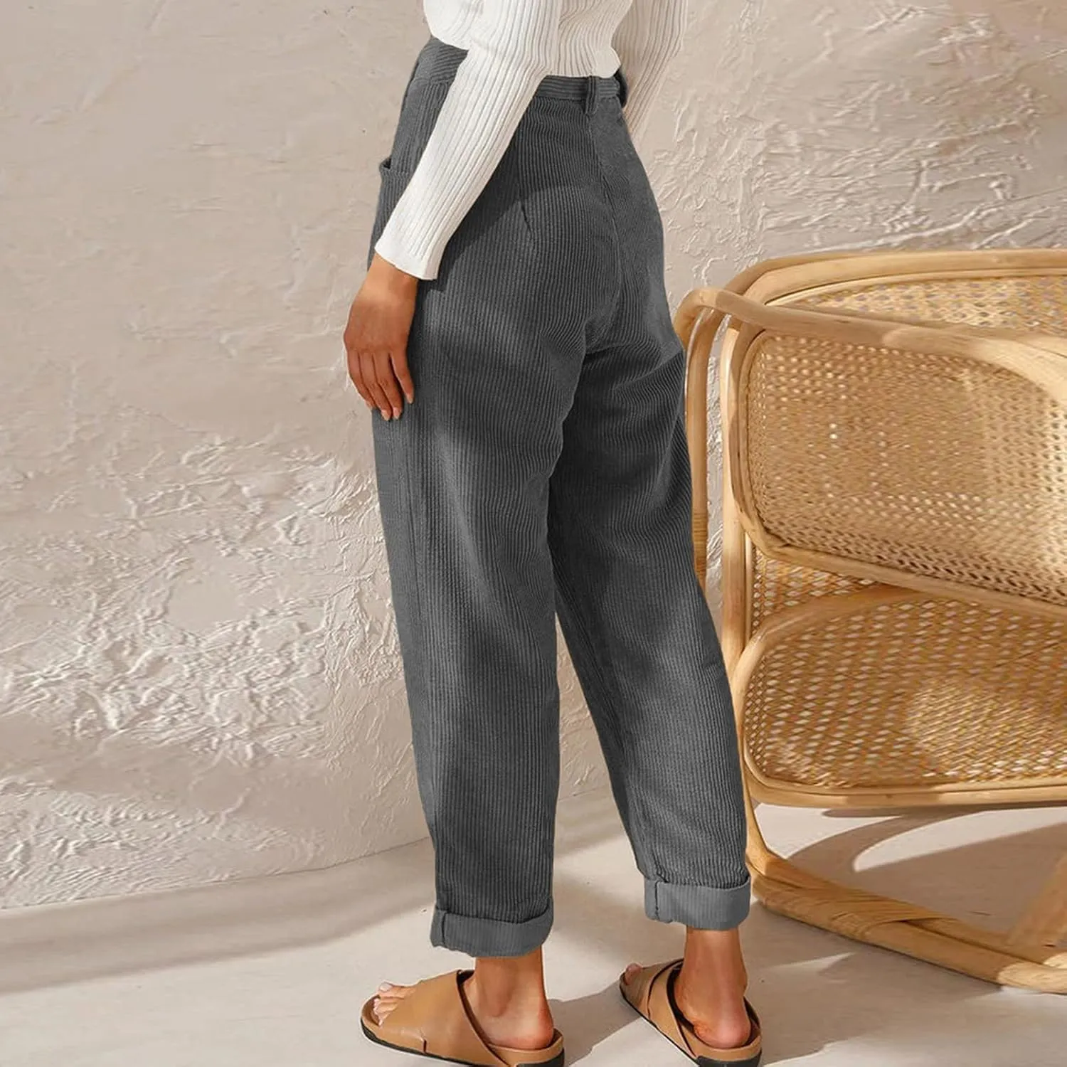 Febecool Cargo Pants Women High Waist Casual Pants Solid Color Corduroy Loose Straight Leg Trousers Women