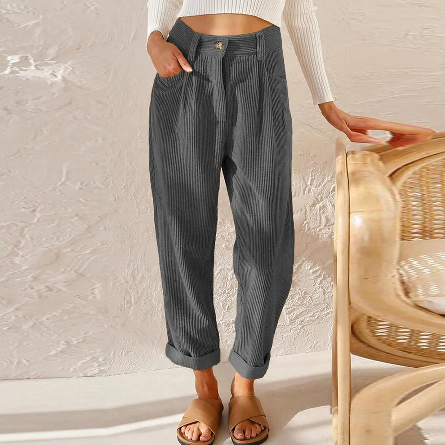 Febecool Cargo Pants Women High Waist Casual Pants Solid Color Corduroy Loose Straight Leg Trousers Women