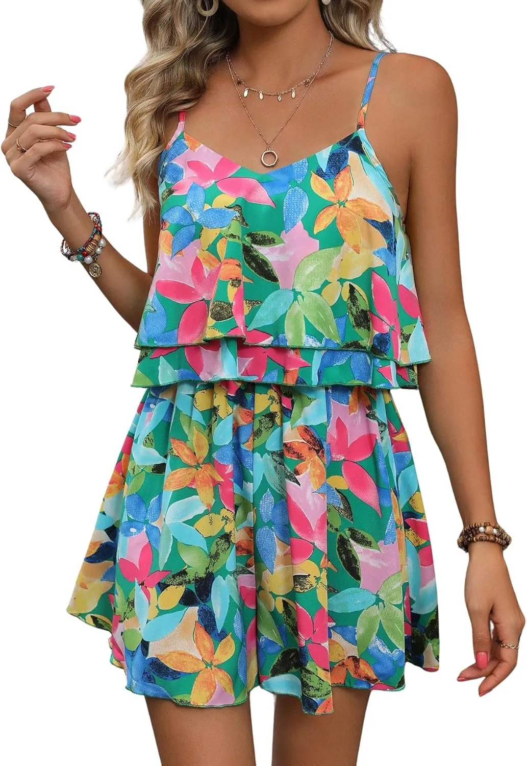 Floerns Women's Summer Boho Sleeveless Spaghetti Strap Ruffle Jumpsuit V Neck Cami Short Rompers