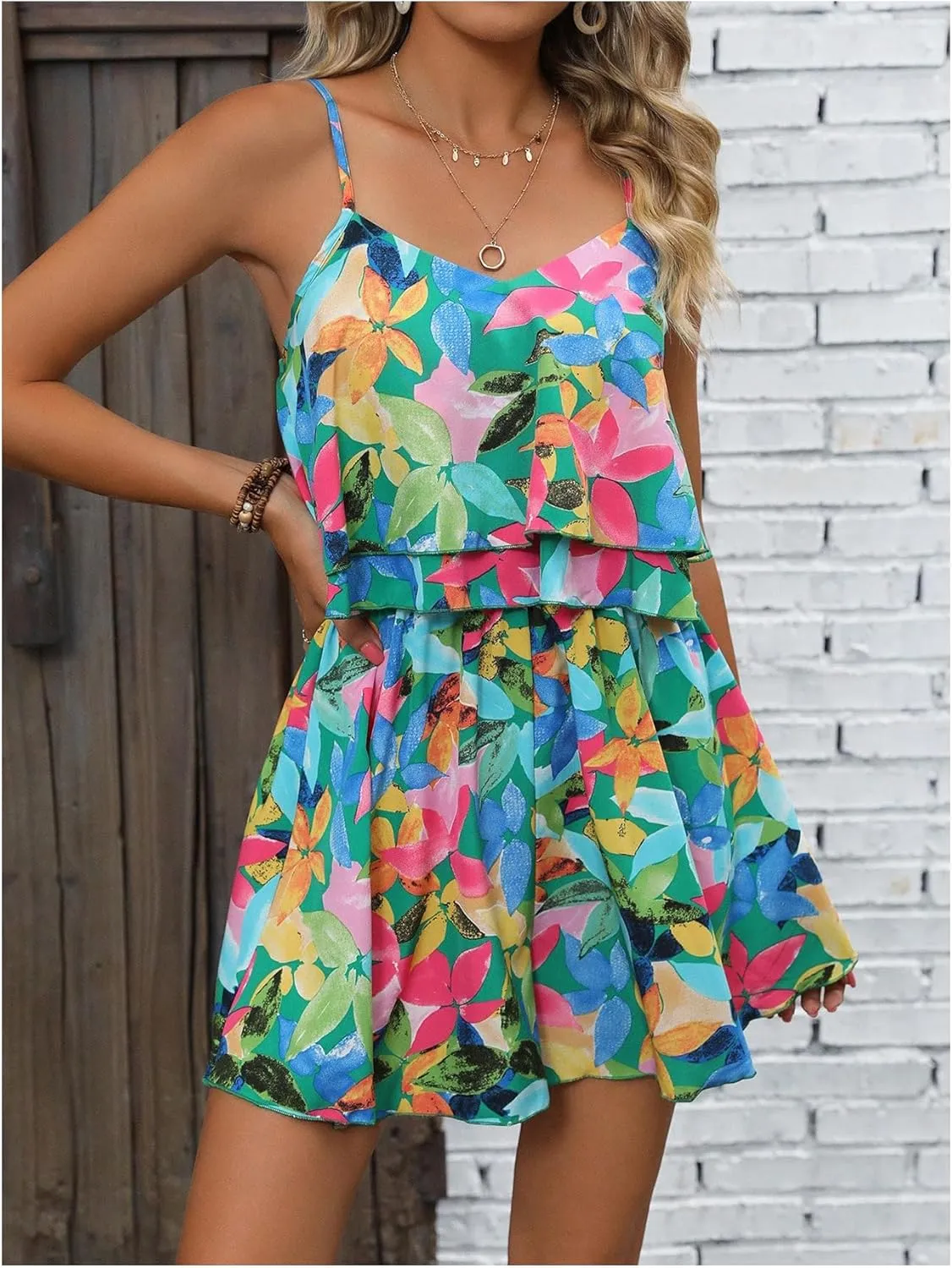 Floerns Women's Summer Boho Sleeveless Spaghetti Strap Ruffle Jumpsuit V Neck Cami Short Rompers