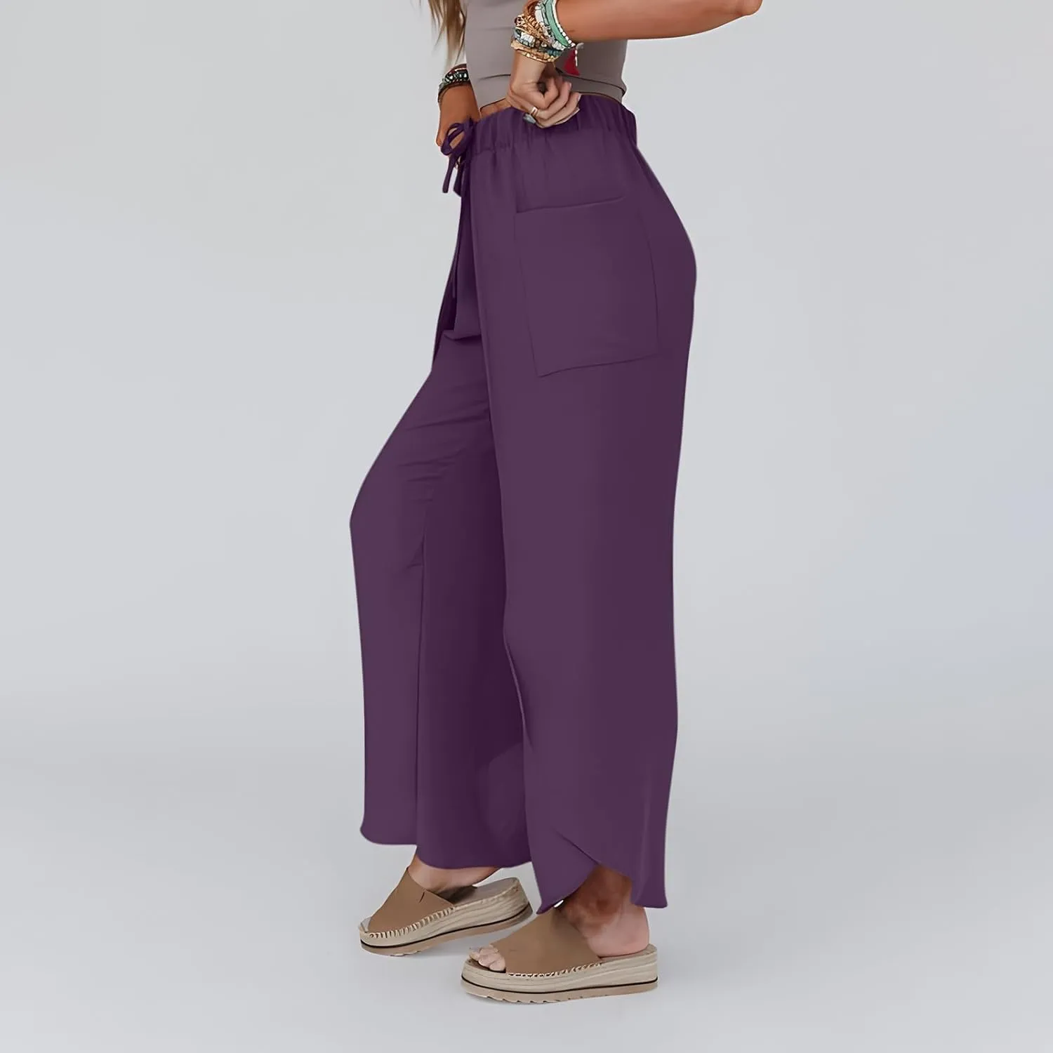 Flowy Linen Pants for Women Side Slit Wide Leg Yoga Pants with Pockets Drawstring High Waisted Pants Beach Pants 2024