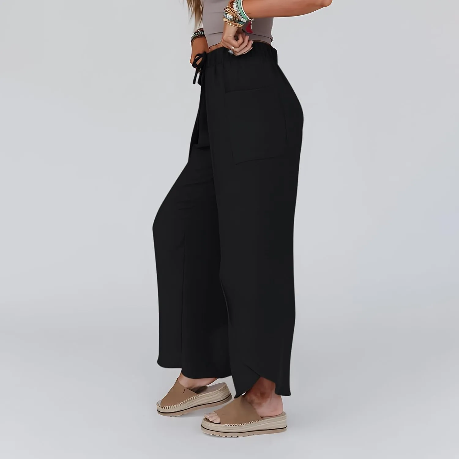 Flowy Linen Pants for Women Side Slit Wide Leg Yoga Pants with Pockets Drawstring High Waisted Pants Beach Pants 2024