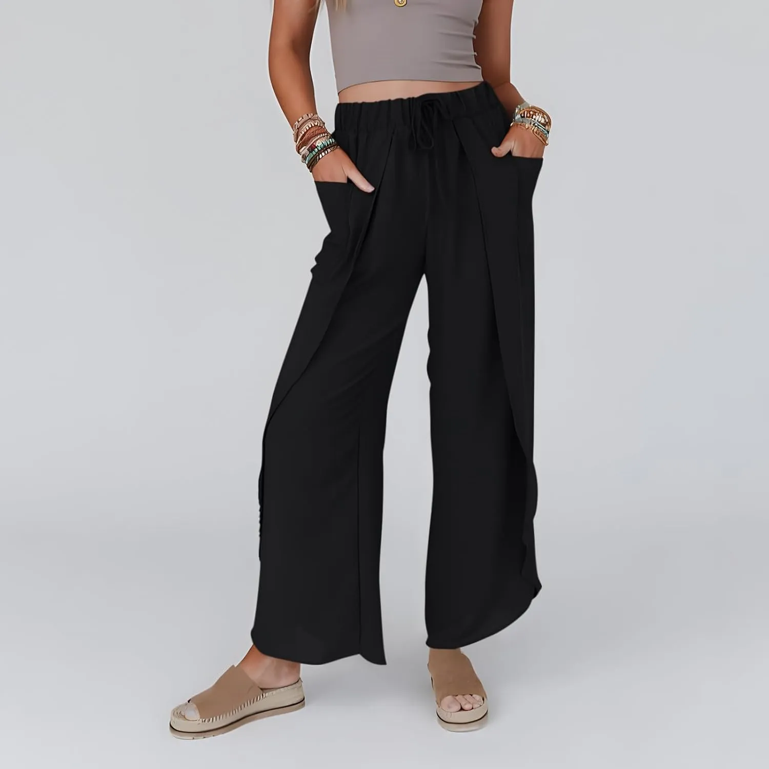 Flowy Linen Pants for Women Side Slit Wide Leg Yoga Pants with Pockets Drawstring High Waisted Pants Beach Pants 2024