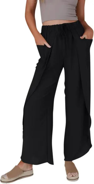 Flowy Linen Pants for Women Side Slit Wide Leg Yoga Pants with Pockets Drawstring High Waisted Pants Beach Pants 2024
