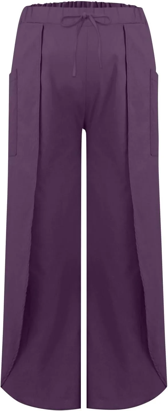 Flowy Linen Pants for Women Side Slit Wide Leg Yoga Pants with Pockets Drawstring High Waisted Pants Beach Pants 2024