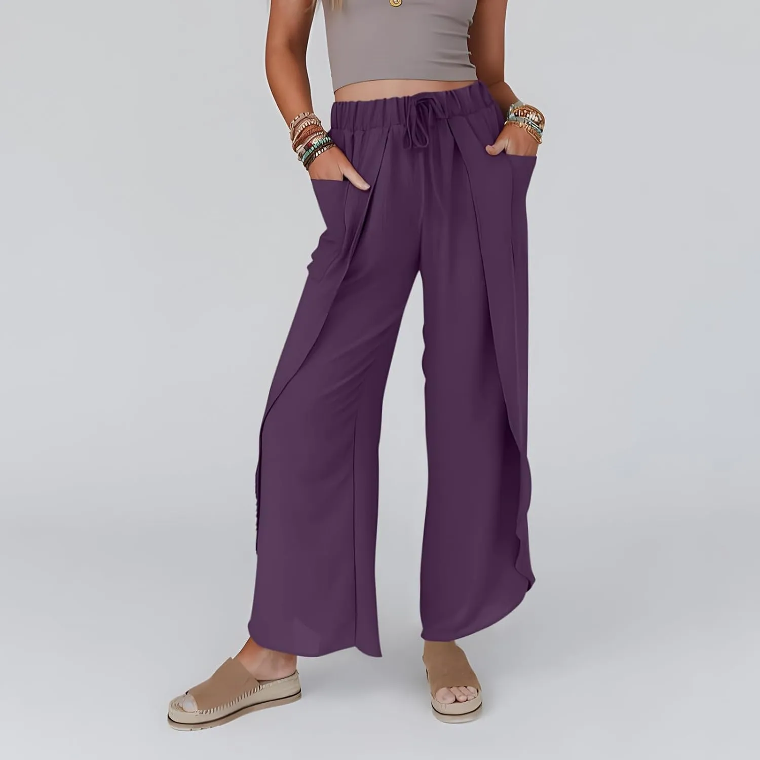Flowy Linen Pants for Women Side Slit Wide Leg Yoga Pants with Pockets Drawstring High Waisted Pants Beach Pants 2024