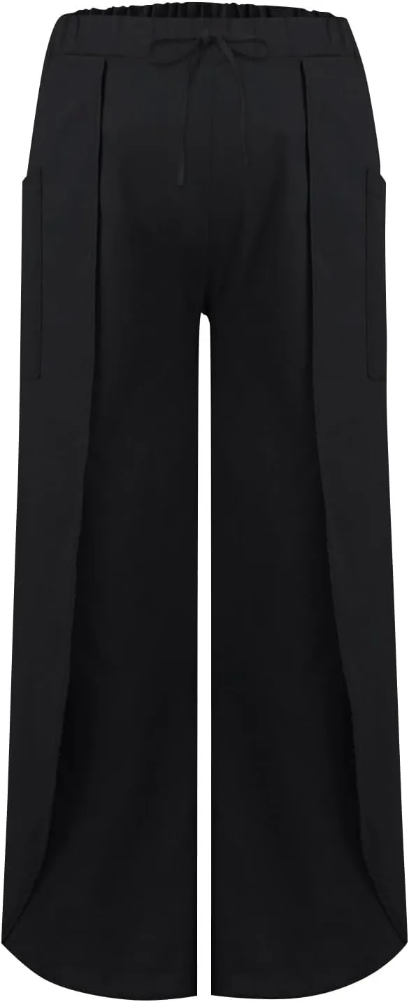 Flowy Linen Pants for Women Side Slit Wide Leg Yoga Pants with Pockets Drawstring High Waisted Pants Beach Pants 2024