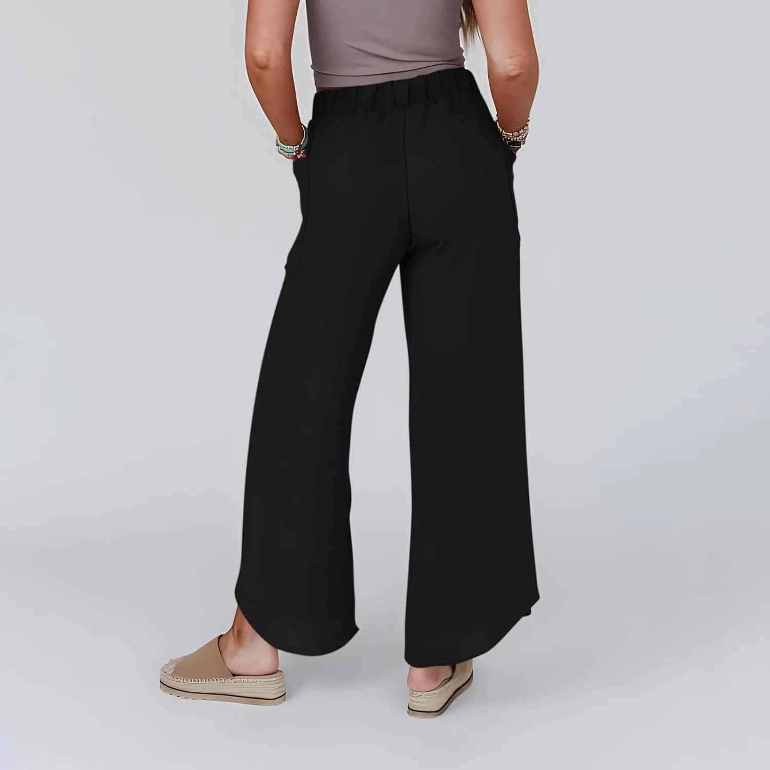 Flowy Linen Pants for Women Side Slit Wide Leg Yoga Pants with Pockets Drawstring High Waisted Pants Beach Pants 2024
